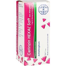Die Verpackung zeigt den Cetirizin HEXAL Saft, ein Antiallergikum in Flaschenform.