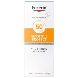 Weiße Sonnencreme-Verpackung von Eucerin mit LSF 50+ für empfindliche Haut.