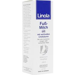 Verpackung der Linola Fuß-Milch für trockene, rissige Haut.