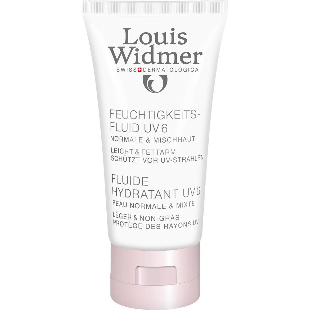 Weiße Tube von Louis Widmer Feuchtigkeits-Fluid UV6 für normale und Mischhaut.