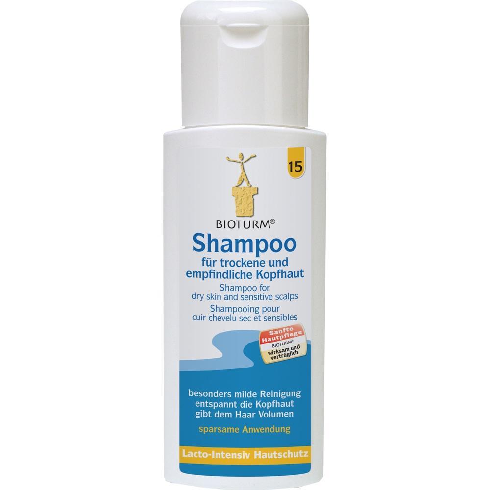 Weiße Flasche mit Shampoo für trockene und empfindliche Kopfhaut.