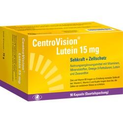 Gelbe Verpackung von CentroVision Lutein, einem Nahrungsergänzungsmittel für die Augen.