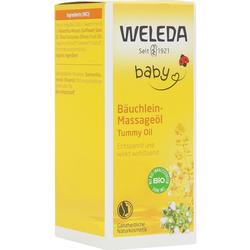 Gelbe Weleda-Verpackung für Baby-Bäuchlein-Massageöl mit Bio-Zutaten.