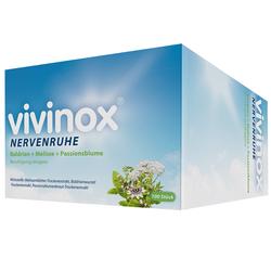 Verpackung von Vivinox Beruhigungsdragees mit Pflanzenabbildung auf blauem Hintergrund.